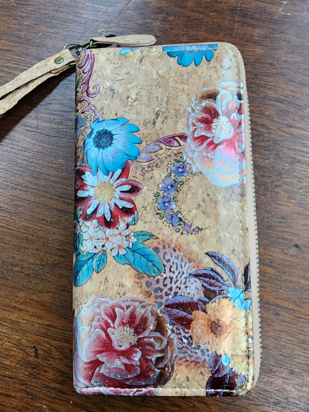 NWOT Vegan Cork Floral Zip Around Wallet Wristlet Boho Multi-Color Clutch